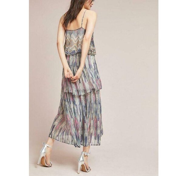 Anthropologie Floral Maxi Dress 2 Metallic Gray Pink Tiered Long Strappy Boho - Picture 5 of 9